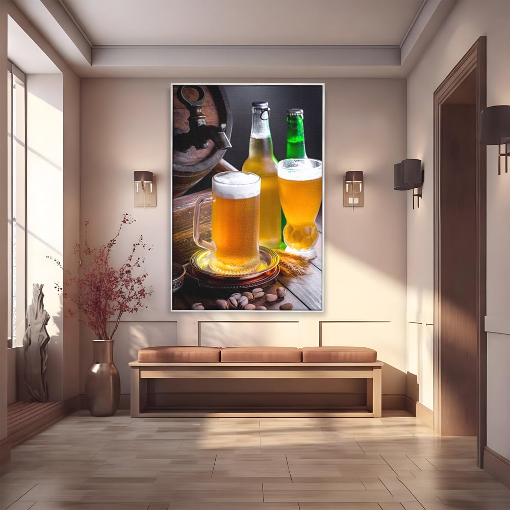 Tablou canvas cu tablou canvas cu halba de bere, in rama de aluminiu argintiu